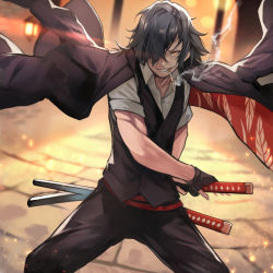 Rule 34 | 1boy, black hair, cigarette, drawing sword, fate/grand order, fate (series), fighting stance, fingerless gloves, formal, gloves, glowing, glowing eye, grin, hair over one eye, highres, holding, holding sword, holding weapon, jacket, jacket on shoulders, katana, male focus, manly, okada izou (fate), orange eyes, ready to draw, smile, smoking, solo, suit, sword, weapon, yoshio (55level)