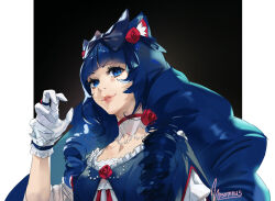 Rule 34 | 1girl, animal ears, blue eyes, cat ears, chenna kitty, choker, drill hair, flower, gloves, hair flower, hair ornament, hand up, indie virtual youtuber, jewelry, long hair, looking at viewer, ornate ring, parted lips, red choker, red flower, red rose, ring, rose, signature, smile, solo, unsomnus, virtual youtuber, white gloves