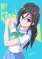 Rule 34 | 1girl, absurdres, black hair, blue eyes, blue sailor collar, blue skirt, closed mouth, dated, glasses, glint, green neckerchief, hand on own hip, hand up, hibike! euphonium, highres, index finger raised, kitauji high school uniform, long hair, looking at viewer, neckerchief, pleated skirt, red-framed eyewear, sailor collar, school uniform, serafuku, shirt, short sleeves, signature, skirt, smile, solo, standing, tanaka asuka, tsunemoku, white shirt