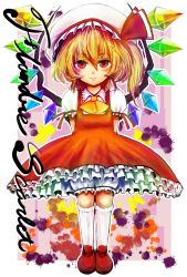 Rule 34 | 1girl, ascot, blonde hair, blush, character name, closed mouth, collared shirt, commentary request, crystal, cursive, dress, flandre scarlet, flat chest, frilled dress, frilled shirt collar, frilled sleeves, frills, full body, hair between eyes, hat, highres, jonasan (bad-t), looking at viewer, medium hair, mob cap, one side up, pinafore dress, puffy short sleeves, puffy sleeves, red dress, red eyes, red footwear, shirt, shoes, short sleeves, sleeveless, sleeveless dress, smile, socks, solo, touhou, white hat, white shirt, white socks, wings, yellow ascot