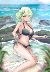 Rule 34 | armpits, artist request, bad link, bikini, blush, braid, branch, breasts, ceres fauna, cloud, grass, green hair, highres, hololive, hololive english, horns, large breasts, leaf, looking at viewer, medium hair, nature, navel, ocean, rock, sideboob, sitting, sky, string bikini, swimsuit, thighs, virtual youtuber, water