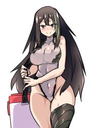 Rule 34 | 1girl, alternate costume, black hair, blush, breasts, brown eyes, brown hair, carrying, cooler, girls&#039; frontline, green hair, highleg, large breasts, lazy ant, long hair, looking at viewer, m4a1 (girls&#039; frontline), multicolored hair, one-piece swimsuit, single thighhigh, smile, solo, streaked hair, swimsuit, thighhighs