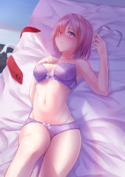 Rule 34 | 1girl, 200f (nifu), alternate costume, bed sheet, blush, bow, bow bra, bow panties, bra, breasts, cleavage, collarbone, fate/grand order, fate (series), from above, glasses, groin, hair between eyes, highres, lying, mash kyrielight, medium breasts, navel, necktie, on back, on bed, panties, parted lips, purple bra, purple eyes, purple panties, red necktie, solo, underwear, underwear only, unworn eyewear, unworn necktie, white bow