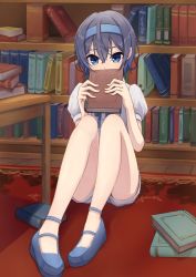 Rule 34 | 1girl, absurdres, abysyumi, bare legs, blue eyes, blue footwear, blue hair, blue hairband, book, book stack, bookshelf, cevio, commentary, covering own mouth, furrowed brow, hairband, highres, holding, holding book, indoors, library, puffy short sleeves, puffy sleeves, rug, shirt, short hair, short shorts, short sleeves, shorts, solo, suzuki tsudumi, white shirt, white shorts, wooden floor