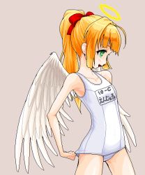 Rule 34 | angel wings, flat chest, halo, one-piece swimsuit, school swimsuit, solo, swimsuit, white school swimsuit, white one-piece swimsuit, wings, yuuki (silent moon)