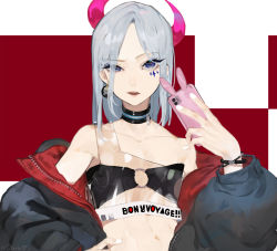 Rule 34 | 1girl, bare shoulders, black bra, black choker, black jacket, blue eyes, bra, choker, collarbone, crop top, demon horns, down jacket, earrings, facial mark, grey hair, hair over one eye, hand on own hip, hand up, highres, holding, holding phone, horns, jacket, jewelry, looking at viewer, medium hair, midriff, nail polish, off shoulder, open clothes, open jacket, open mouth, original, phone, pink horns, puffy sleeves, see-through, sleeveless, solo, type-alpha, underwear, upper body, white nails