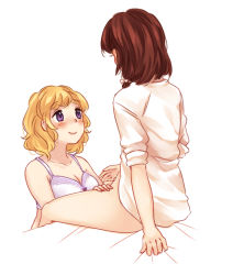 2girls bad_id bad_pixiv_id blonde_hair blush bottomless bra breasts brown_hair cleavage curly_hair looking_at_another looking_up maribel_hearn multiple_girls nekolina no_headwear on_bed shirt short_hair sitting smile touhou underwear usami_renko white_shirt yuri