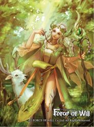 Rule 34 | 1girl, braid, brown eyes, copyright name, crystal, curly hair, deer, earrings, fairy, force of will, grass, hair ornament, jewelry, leaf, long hair, nature, necklace, official art, pointy ears, solo, staff, teeth, tree, white hair