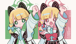 Rule 34 | 2girls, :o, arm up, blonde hair, blue archive, blue bow, blue necktie, bow, braid, clenched hand, closed mouth, collared shirt, english text, green eyes, hair bow, halo, highres, hood, hood down, hooded jacket, jacket, koru koruno, long sleeves, looking at viewer, midori (blue archive), momoi (blue archive), multiple girls, necktie, open clothes, open jacket, open mouth, red bow, red eyes, shirt, siblings, sisters, twins, twitter username, white jacket, white shirt, wide sleeves