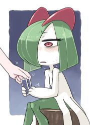 Rule 34 | bags under eyes, blue background, card, colored skin, creatures (company), game freak, gen 3 pokemon, green hair, hair over one eye, highres, holding, holding card, horns, ino (tellu0120), kirlia, multicolored skin, nintendo, out of frame, parted lips, pink eyes, playing card, pokemon, pokemon (creature), sidelocks, simple background, sitting on tree stump, tree stump, two-tone skin, white skin