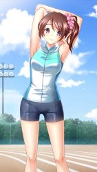 Rule 34 | 1girl, armpits, arms up, blue jacket, blue sky, breasts, brown hair, closed mouth, cloud, day, doukyuusei 2, doukyuusei another world, game cg, grey shorts, hair between eyes, hair ornament, hair scrunchie, jacket, leaning to the side, lens flare, long hair, looking at viewer, medium breasts, multicolored clothes, multicolored jacket, official art, outdoors, pink scrunchie, purple eyes, satozaki minatsu, scrunchie, short shorts, shorts, side ponytail, sky, sleeveless, sleeveless jacket, smile, solo, stadium, standing, stretching, swept bangs, track and field, two-tone jacket, white jacket