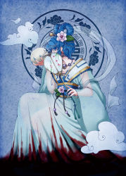 Rule 34 | 1girl, adapted costume, blood, blood on clothes, blue background, blue hair, blue theme, cloud, colored eyelashes, covered mouth, earrings, eyelashes, fingernails, flower, hair ornament, hair rings, hairpin, hand fan, highres, jewelry, kaku seiga, leaf, long fingernails, necklace, paper fan, ranchuu (akamusume), see-through, skull, solo, touhou, traditional clothes, uchiwa, veil