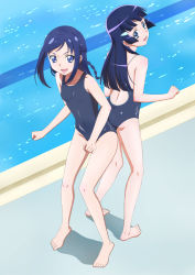 Rule 34 | 10s, 2girls, :d, aoki reika, ass, ass-to-ass, barefoot, blue eyes, blue hair, breasts, color connection, competition school swimsuit, crossover, dokidoki! precure, eyelashes, feet, half updo, highres, hishikawa rikka, long hair, look-alike, looking at viewer, looking back, mishima ren&#039;ichirou, multiple girls, new school swimsuit, one-piece swimsuit, open mouth, pool, poolside, precure, school swimsuit, small breasts, smile, smile precure!, swimsuit, water
