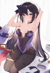 1girl, aqua eyes, armpits, arms up, bangs, bed sheet, black choker, black hair, black legwear, blush, bodystocking, book, breasts, center opening, choker, cleavage, closed mouth, collarbone, comb, covered navel, earrings, eyebrows visible through hair, feet out of frame, genshin impact, hairdressing, hat, hat removed, headwear removed, highres, jewelry, leotard, long hair, looking at viewer, medium breasts, mona megistus, muryotaro, on bed, purple headwear, purple leotard, simple background, sitting, sitting on bed, solo, sparkle print, strapless, strapless leotard, thigh gap, thighlet, twintails, very long hair, white background, witch hat
