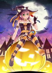 Rule 34 | 1girl, animal ears, blush, breasts, candy, cat ears, cat girl, cat tail, center opening, cleavage, female focus, food, ganari ryuu, gloves, green eyes, halloween, hat, headphones, headset, jack-o&#039;-lantern, jpeg artifacts, large breasts, lollipop, long hair, looking at viewer, moon, original, pink hair, pumpkin, smile, solo, striped clothes, striped thighhighs, super tama musume, tail, tamatoys, thighhighs, witch hat