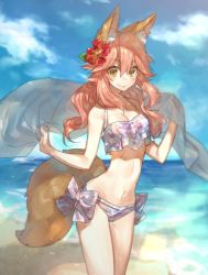 Rule 34 | 10s, 1girl, animal ears, bare arms, bare shoulders, beach, blue sky, blurry, blush, bow, breasts, chocoan, cleavage, closed mouth, cloud, cowboy shot, day, eyebrows, fate/extra, fate (series), female focus, flower, fox ears, fox tail, hair between eyes, hair flower, hair ornament, long hair, looking at viewer, medium breasts, navel, outdoors, pink hair, see-through, sky, solo, standing, stomach, swimsuit, tail, tamamo (fate), tamamo no mae (fate/extra), water, wide hips, yellow eyes