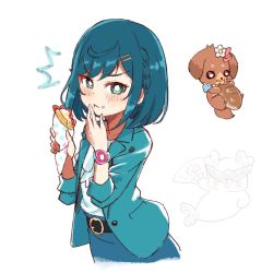Rule 34 | 1girl, :t, ahoge, aqua hair, aqua jacket, aqua skirt, belt, black belt, blush, braid, bread, commentary, crepe, cropped legs, delicious party precure, dog, eating, flower, folding fan, food, food on face, fruit, fuwa kokone, green eyes, hair flower, hair ornament, hairclip, hand fan, hand over face, heart, holding, holding fan, holding food, jacket, kamina shades, looking at viewer, open clothes, open jacket, pam-pam (precure), paper fan, pencil skirt, piku (another pikuru), pout, pouty lips, precure, seal (animal), shirt, short hair, side braid, simple background, skirt, strawberry, triangular eyewear, tropical-rouge! precure, tsurime, upper body, v-shaped eyebrows, watch, white background, white shirt, wristwatch
