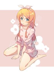 1girl aqua_eyes arms_between_legs bare_legs barefoot blush bow_hairband breasts closed_mouth collarbone floral_background frilled_pajamas frills full_body hair_ornament hairband hairclip kousaka_kirino letterboxed long_hair looking_at_viewer mio_(pixiv_101600390) orange_hair ore_no_imouto_ga_konna_ni_kawaii_wake_ga_nai pajamas pink_background pink_pajamas pout sidelocks sitting small_breasts solo straight_hair swept_bangs v-shaped_eyebrows wariza white_hairband