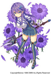 Rule 34 | 1girl, anemone (flower knight girl), armor, armored dress, blue eyes, blue footwear, blue skirt, boots, expressionless, flower, flower knight girl, full body, gloves, hair ornament, hairclip, leaning forward, looking at viewer, name connection, object namesake, official art, pleated skirt, polearm, purple hair, short hair, skirt, solo, spear, standing, sugimeno, thigh boots, thighhighs, weapon, white background