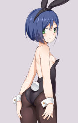Rule 34 | 10s, 1girl, alternate costume, animal ears, ass, black hairband, black leotard, blue hair, blush, breasts, cowboy shot, darling in the franxx, fake animal ears, fake tail, from behind, green eyes, grey background, hairband, hands on own thighs, ichigo (darling in the franxx), leotard, looking at viewer, looking back, nipple slip, nipples, pantyhose, playboy bunny, rabbit ears, rabbit tail, short hair, simple background, small breasts, solo, standing, strapless, strapless leotard, tail, toshishikisai