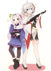 Rule 34 | 2girls, :d, ak-47, animal ears, assault rifle, blush, doyagao, eyelashes, fang, full body, fur-trimmed kimono, fur trim, gun, highres, holding, holding gun, holding weapon, hololive, japanese clothes, kalashnikov rifle, kimono, kimono skirt, lion ears, lion girl, lion tail, looking at viewer, multiple girls, murasaki shion, murasaki shion (new year), open mouth, pantyhose, rifle, shishiro botan, shishiro botan (new year), silver hair, simple background, size difference, smile, smug, sparkle, tail, tonton (tonz159), virtual youtuber, weapon, white background