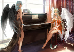 Rule 34 | 2girls, angel, angel wings, anklet, bare shoulders, barefoot, black wings, blonde hair, blue eyes, bracelet, curtains, ddongu, detached collar, detached sleeves, earrings, elf, feathers, grey hair, hair ornament, high heels, instrument, jewelry, legs, long hair, long legs, multiple girls, nail polish, original, piano, plant, pointy ears, potted plant, sheet music, shoes, sitting, standing, unworn shoes, upright piano, wings