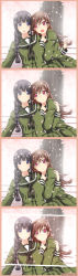 Rule 34 | 10s, 2girls, 4koma, :d, absurdres, arm hug, bad id, bad pixiv id, bench, black eyes, black hair, braid, brown hair, cherry blossoms, comic, commentary request, highres, kantai collection, kitakami (kancolle), long hair, looking at viewer, multiple girls, ooi (kancolle), open mouth, park bench, petals, photo (object), pink eyes, school uniform, serafuku, silent comic, single braid, smile, tree, twitter username, uzutama