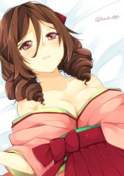 Rule 34 | 10s, 1girl, bare shoulders, blush, bow, breasts, brown hair, cleavage, drill hair, female focus, hachi080, hair bow, hakama, hakama skirt, harukaze (kancolle), japanese clothes, kantai collection, kimono, long hair, looking at viewer, lying, meiji schoolgirl uniform, off shoulder, on back, on bed, pink kimono, red eyes, red hakama, skirt, solo, twin drills, twitter username