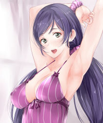 Rule 34 | 10s, 1girl, :d, armpits, arms up, blush, bow, breasts, cleavage, covered erect nipples, green eyes, hair ornament, large breasts, long hair, love live!, love live! school idol project, open mouth, pinstripe pattern, purple hair, purple theme, ribbon, scrunchie, sideboob, smile, solo, spaghetti strap, striped, tojo nozomi, tsukino wagamo, twintails, upper body, vertical stripes, wrist scrunchie