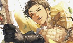 Rule 34 | 1boy, armor, black gloves, bow (weapon), brown hair, cape, claude von riegan, commentary request, dated, earrings, english text, facial hair, fire emblem, fire emblem: three houses, gloves, green eyes, happy birthday, holding, holding bow (weapon), holding weapon, jewelry, male focus, nintendo, open mouth, sawaponu3, short hair, shoulder armor, solo, teeth, upper teeth only, weapon, white background, yellow cape
