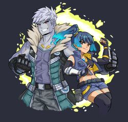 Rule 34 | 1boy, 1girl, black gloves, black thighhighs, blue fire, blue hair, blue shorts, blue vest, breasts, brown eyes, clenched hands, closed mouth, colored skin, commentary request, cropped legs, denim, denim shorts, denim vest, elbow gloves, fiery hair, fingerless gloves, fire, gloves, green jacket, grey background, grey hair, grey pants, grey shirt, grey skin, grin, highres, i llius, jacket, lanz (xenoblade), multicolored hair, navel, open clothes, open jacket, open vest, pants, red eyes, sena (xenoblade), shirt, shorts, simple background, small breasts, smile, streaked hair, thighhighs, vest, xenoblade chronicles (series), xenoblade chronicles 3