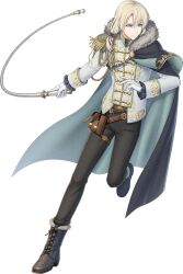 Rule 34 | 1boy, aiguillette, aqua cape, aqua eyes, belt, black cape, black footwear, black pants, blonde hair, book holster, boots, brown belt, bungou to alchemist, buttons, cape, closed mouth, cross-laced footwear, curtained hair, double-breasted, epaulettes, fighting stance, frilled sleeves, frills, full body, fur-trimmed boots, fur-trimmed cape, fur trim, gloves, gold trim, hair between eyes, hair over shoulder, hair ribbon, holding, holding whip, jacket, lace-up boots, layered clothes, lev tolstoy (bungou to alchemist), long sleeves, looking to the side, low ponytail, male focus, medium hair, official art, pants, purple ribbon, ribbon, side cape, single epaulette, sleeve cuffs, solo, standing, standing on one leg, third-party source, transparent background, two-sided cape, two-sided fabric, v-shaped eyebrows, white gloves, white jacket