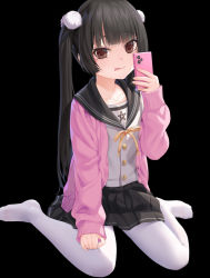 Rule 34 | 1girl, :p, black background, black hair, black sailor collar, black skirt, brown eyes, cardigan, cellphone, closed mouth, highres, holding, holding phone, long hair, looking at viewer, neck ribbon, no shoes, open cardigan, open clothes, original, pantyhose, phone, pink cardigan, pleated skirt, ribbon, sailor collar, school uniform, serafuku, shirt, simple background, skirt, smile, solo, tongue, tongue out, twintails, uneven eyes, very long hair, white pantyhose, white ph, white shirt, yellow ribbon