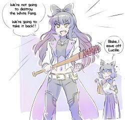 Rule 34 | 2girls, animal ears, barbed wire, baseball bat, black hair, blake belladonna, cat ears, commentary request, english text, fang, fang out, iesupa, kali belladonna, long coat, mother and daughter, multiple girls, navel, rwby, the walking dead, yellow eyes