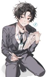 Rule 34 | !, 1boy, absurdres, black eyes, black hair, blue archive, coat, collared shirt, commentary request, formal, grey coat, grey necktie, grey pants, grey suit, highres, holding, holding paper, holding pen, long sleeves, looking at viewer, male focus, necktie, ohw8g, pants, paper, pen, sensei (blue archive), sensei (blue archive the animation), shirt, simple background, smile, solo, spoken exclamation mark, squatting, suit, white background, white shirt