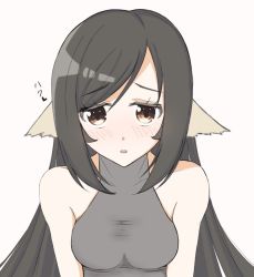Rule 34 | 1girl, animal ears, aquaplus, bare arms, bare shoulders, black hair, blush, breasts, breasts squeezed together, collarbone, embarrassed, gradient eyes, hair between eyes, hair down, kuon (utawarerumono), kuon apprentice, long hair, looking at viewer, medium breasts, multicolored eyes, ongheaven, open mouth, orange eyes, sidelocks, sleeveless, solo, swept bangs, taut clothes, upper body, utawarerumono, utawarerumono: itsuwari no kamen, utawarerumono: lost flag, very long hair