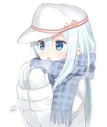 Rule 34 | 10s, 1girl, blowing on hands, blue eyes, breath, capriccio, cold, hammer and sickle, hat, hibanar, hibiki (kancolle), kantai collection, long hair, long sleeves, mittens, open mouth, plaid, plaid scarf, scarf, silver hair, solo, upper body, verniy (kancolle), winter clothes