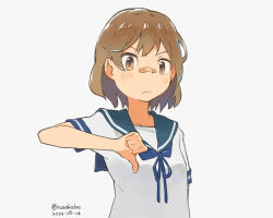 Rule 34 | 1girl, bandaid, bandaid on face, blue sailor collar, brown eyes, commentary request, dated, kantai collection, kusakabe (kusakabeworks), looking at viewer, oboro (kancolle), sailor collar, school uniform, serafuku, short hair, simple background, solo, thumbs down, twitter username, upper body, white background