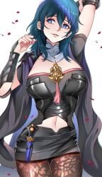 Rule 34 | 1girl, arm up, black skirt, blue eyes, blue hair, breasts, brown pantyhose, byleth (female) (fire emblem), byleth (fire emblem), clothing cutout, commentary, cowboy shot, fire emblem, fire emblem: three houses, grin, hand up, highres, large breasts, long hair, looking at viewer, navel, navel cutout, nintendo, pantyhose, parted lips, pencil skirt, pixie (pixieinktvis), short sleeves, simple background, skirt, smile, solo, standing, thighs, white background