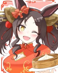 Rule 34 | + +, 1girl, alternate costume, animal ears, bamboo steamer, baozi, blush, breasts, brown hair, china dress, chinese clothes, cleavage, cleavage cutout, clothing cutout, dress, fang, food, hairband, hand up, highres, holding, holding plate, horse ears, inuyama tarou, long hair, marvelous sunday (umamusume), medium breasts, one eye closed, open mouth, plate, red dress, skin fang, solo, twintails, umamusume, upper body, yellow eyes