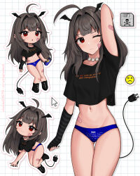 Rule 34 | 1girl, :3, :o, ahoge, arm behind head, arm up, arm warmers, artist name, bandaid, bandaid on cheek, bandaid on face, bandaid on leg, bat wings, black arm warmers, black footwear, black nails, black shirt, blue panties, blue screen of death, boots, breasts, brown hair, cable, cable tail, can, chibi, closed mouth, clothes writing, commentary, cowboy shot, crop top, cropped shirt, cup, cursor, disposable cup, drop shadow, ear piercing, electric plug, electric plug tail, floppy disk, full body, grid background, hair intakes, head wings, highres, holding, holding can, light blush, long hair, looking at viewer, mechanical tail, midriff, mini wings, mole, mole under eye, multiple views, nail polish, navel, no pants, one eye closed, original, outline, panties, parted lips, piercing, red eyes, ringed eyes, shirt, short sleeves, single arm warmer, small breasts, smile, standing, striped arm warmers, symbol-only commentary, t-shirt, tail, thigh gap, thighs, underwear, vickie (cryingrobot), vickie (cryingrobot) (character), wd-40, white outline, wings
