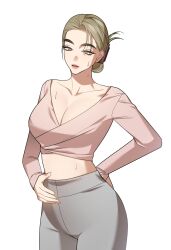 Rule 34 | 1girl, bosssama, breasts, brown eyes, cleavage, cowboy shot, crop top, folded ponytail, forehead, green hair, grey pants, highres, korean commentary, large breasts, long sleeves, midriff, original, pants, parted lips, simple background, solo, sweat, white background, yoga pants