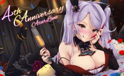 Rule 34 | 1girl, :q, alternate costume, azur lane, bare shoulders, black collar, black dress, black ribbon, blue flower, blue rose, blush, breasts, bridal gauntlets, champagne flute, collar, cup, detached collar, dress, drinking glass, earrings, flower, frilled dress, frills, hair ribbon, highres, holding, holding cup, indoors, jewelry, large breasts, light purple hair, looking at viewer, lying, manjuu (azur lane), mole, mole on breast, multicolored hair, nail polish, on stomach, petals, prinz eugen (azur lane), red flower, red hair, red rose, ribbon, ring, rose, streaked hair, tongue, tongue out, two-tone hair, waa! okami