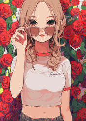 Rule 34 | 1girl, absurdres, adjusting eyewear, adjusting glasses, arm at side, arm up, blouse, braid, breasts, brown eyes, brown hair, clothes writing, cropped shirt, unworn eyewear, floral background, flower, highres, holding, holding removed eyewear, looking at viewer, looking over eyewear, looking over glasses, medium breasts, midriff, nail polish, navel, original, parted bangs, parted lips, red flower, red nails, red rose, ritao kamo, rose, rose background, shirt, short sleeves, solo, sunglasses, t-shirt, tagme, tinted eyewear, twin braids, upper body, white shirt