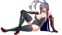 Rule 34 | 1girl, animal ears, arm support, armband, bare shoulders, black gloves, black hair, black thighhighs, breasts, cigarette, cleavage, covered erect nipples, elbow gloves, fake animal ears, full body, gloves, high heels, highres, kamen no hito, large breasts, leotard, long hair, looking at viewer, original, playboy bunny, rabbit ears, red eyes, sidelocks, solo, sunburst, thighhighs