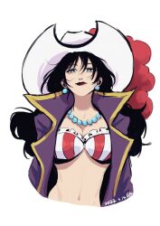 Rule 34 | 1girl, alvida (one piece), bikini, bikini top only, black hair, blue eyes, chinese commentary, closed mouth, commentary request, dated, earrings, hat, hat feather, highres, jewelry, lips, lipstick, long hair, makeup, navel, necklace, one piece, pearl earrings, pearl necklace, red lips, simple background, smile, solo, swimsuit, vamos mk, white background, white hat