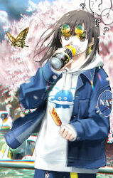 Rule 34 | 1girl, ?, ??, @ @, black eyes, blue pants, brown hair, bug, butterfly, caustics, cherry blossoms, chromatic aberration, commentary request, cowboy shot, day, denim, denim jacket, drinking, eyewear on head, floating hair, food, giba ryan, hand up, highres, holding, holding food, hood, hood down, hoodie, insect, jacket, charm (object), lightning bolt earrings, long sleeves, medium hair, motion blur, nasa logo, open clothes, open jacket, original, outdoors, pants, people, print hoodie, round eyewear, sausage, solo focus, spilling, spoken question mark, strong zero, sunglasses, swan boat, tinted eyewear, tree, water, white hoodie, yellow-tinted eyewear, yellow butterfly