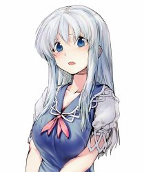 Rule 34 | 1girl, blue dress, blue eyes, blue hair, blush, bow, breasts, cleavage, collarbone, dress, geppewi, kamishirasawa keine, large breasts, long hair, looking at viewer, matching hair/eyes, no headwear, open mouth, puffy sleeves, short sleeves, simple background, solo, touhou, upper body, white background