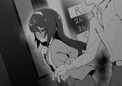 Rule 34 | 1boy, 1girl, aged up, bag, belt, blush, breasts, girls und panzer, greyscale, guiding hand, hair between eyes, hairband, long hair, love hotel, monochrome, reizei mako, shoulder bag, skirt, small breasts, tkhs