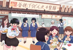 Rule 34 | 1boy, 6+girls, absurdres, aragon honnin, black-framed eyewear, black hair, blue skirt, bob cut, bow, bowl, bowtie, brown eyes, brown hair, brown skirt, chopsticks, collarbone, cup, drinking straw, food, freckles, glasses, highres, holding, holding chopsticks, holding tray, long hair, multiple girls, noodles, original, parted lips, ponytail, red bow, red bowtie, round eyewear, shirt, short hair, skirt, swept bangs, translation request, tray, white shirt